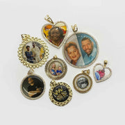 Assorted gold round and heart custom memorial photo pendants decorated with cz accents