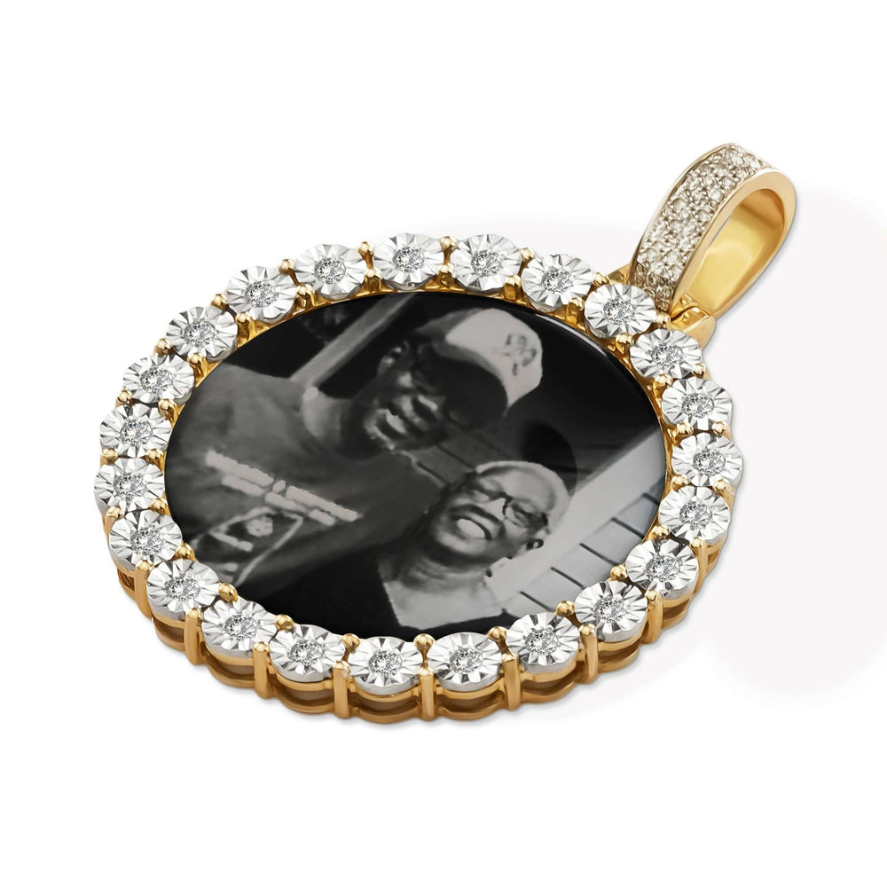 Round yellow gold memorial pendant featuring a diamond-pavé border and elderly couple portrait.