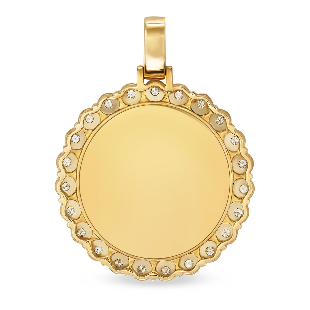 Round yellow gold pendant with a diamond-set scalloped border and blank polished center.
