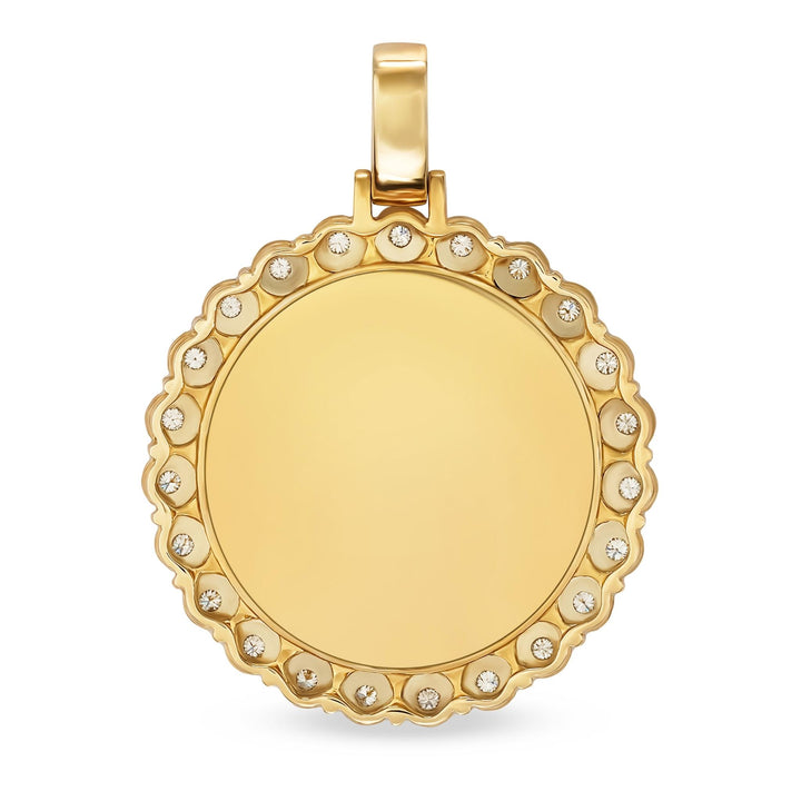 Round yellow gold pendant with a diamond-set scalloped border and blank polished center.