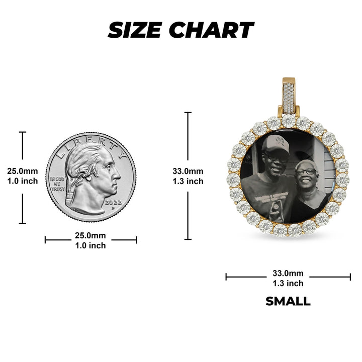 Size chart comparing a 33.0mm round gold pendant with a US quarter coin.