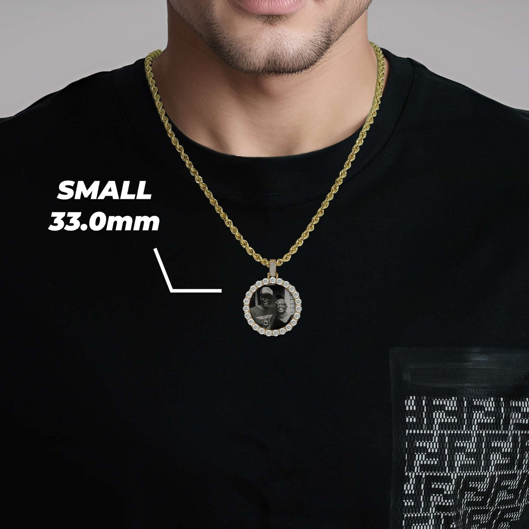 Man wearing a small 33.0mm round gold memorial portrait pendant on a chain.