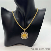 10k gold Greek key memorial picture pendant on Franco chain displayed on black mannequin.