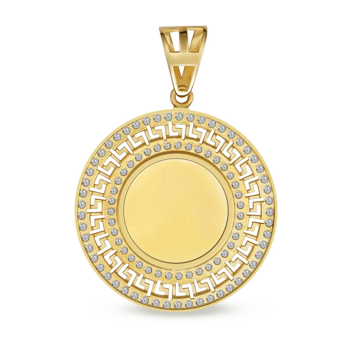Empty round gold memorial pendant accented with cubic zirconia and a classic Greek key border.