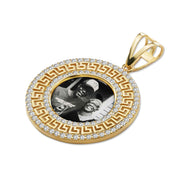 Gold memorial pendant with a Greek key pattern border and a custom photo insert.