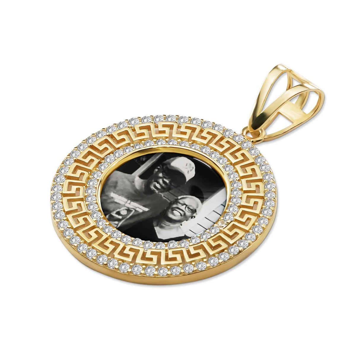Gold memorial pendant with a Greek key pattern border and a custom photo insert.