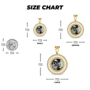 Size chart graphic displaying small, medium, and large pendant dimensions with a coin reference.