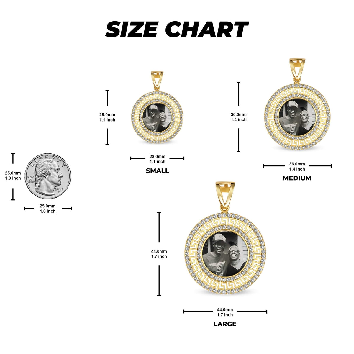 Size chart graphic displaying small, medium, and large pendant dimensions with a coin reference.