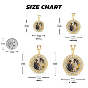 Size chart for round gold memorial picture pendants in four sizes with quarter.