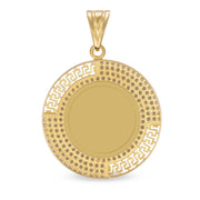 Back view of a round gold pendant featuring a polished finish and bail.