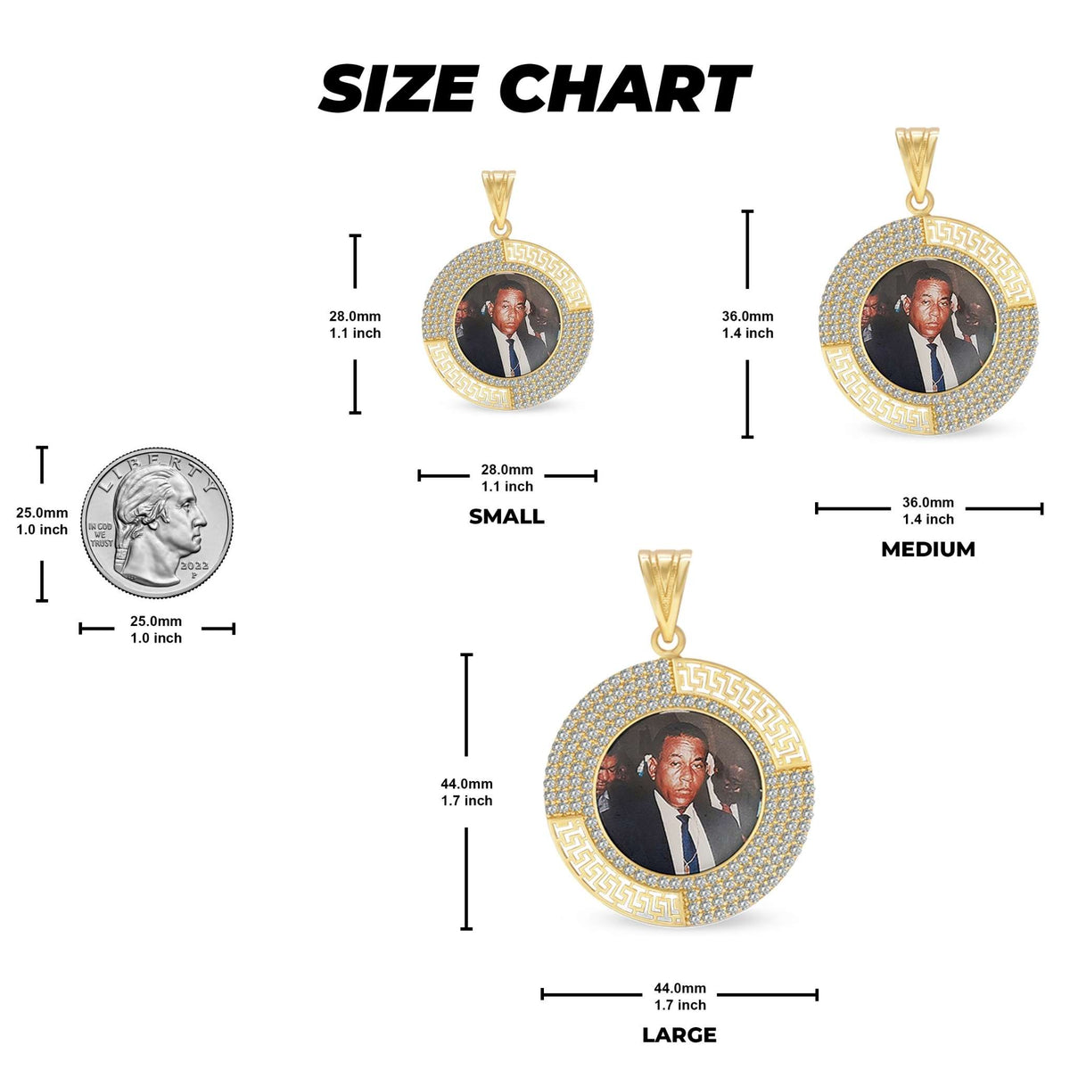 Size chart showing small, medium, and large gold pendants compared with a coin.
