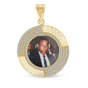 10k yellow gold memorial picture pendant with cubic zirconia and Greek key accent.