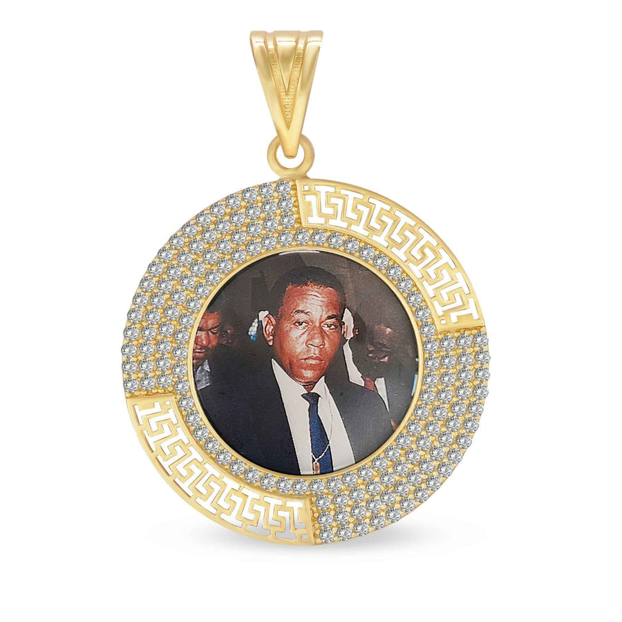 10k yellow gold memorial picture pendant with cubic zirconia and Greek key accent.