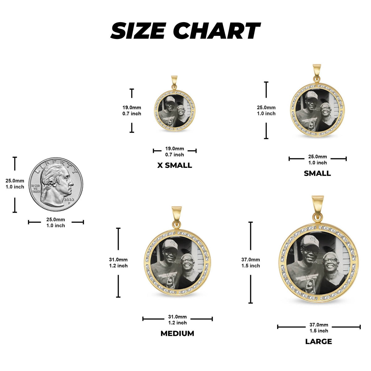 Size chart comparing four round gold memorial pendant sizes alongside a quarter for scale.