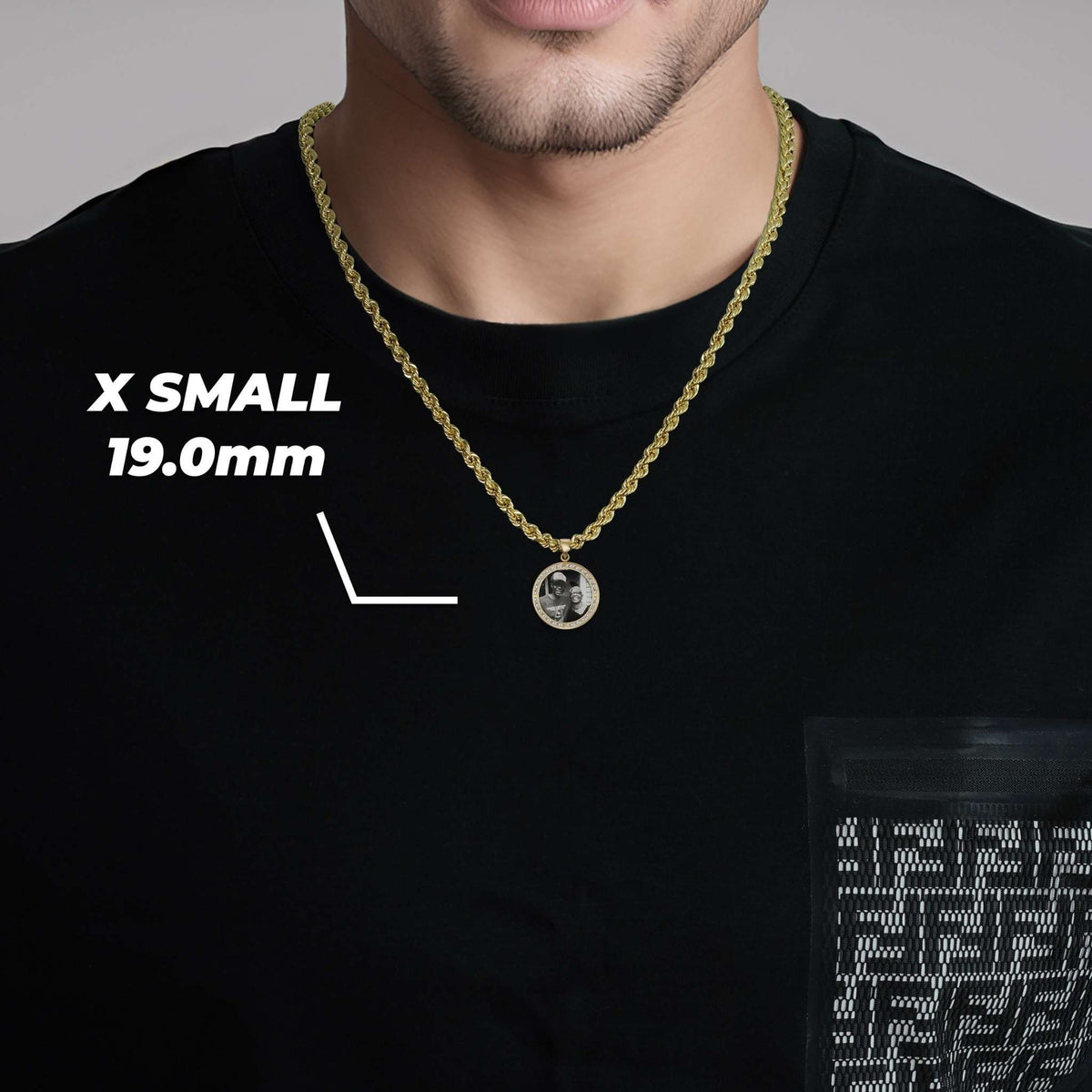 Man wearing X Small 19.0mm gold memorial photo pendant necklace on a rope chain.