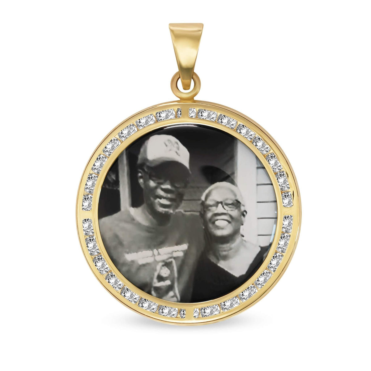 Round 10k gold memorial picture pendant with CZ border showing a photo of a couple.