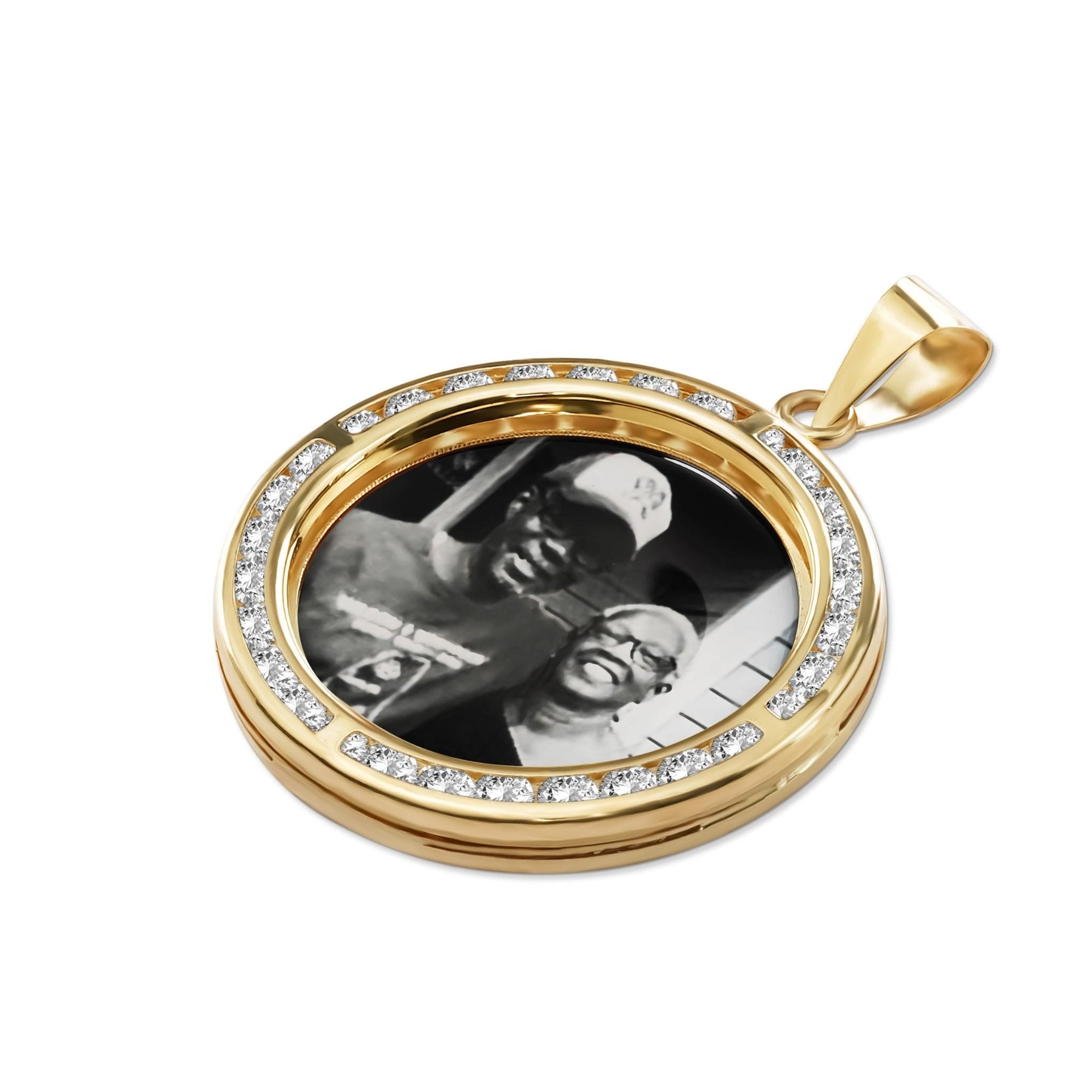 Gold round memorial photo pendant with cubic zirconia border and custom insert.