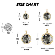 Size chart showing four round memorial photo pendants with coin reference.