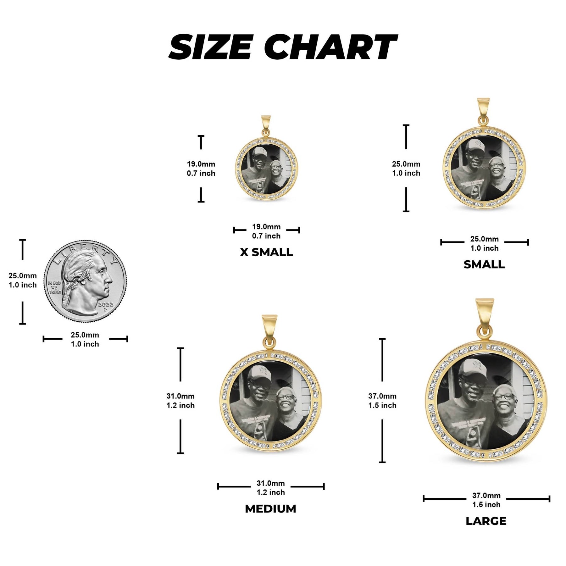 Size chart showing four round memorial photo pendants with coin reference.