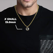 Man wearing an extra small 19.0mm gold nugget round memorial photo necklace.