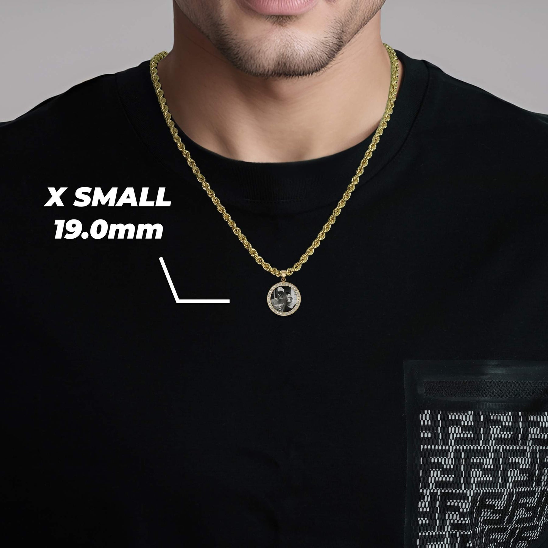 Man wearing an extra small 19.0mm gold nugget round memorial photo necklace.