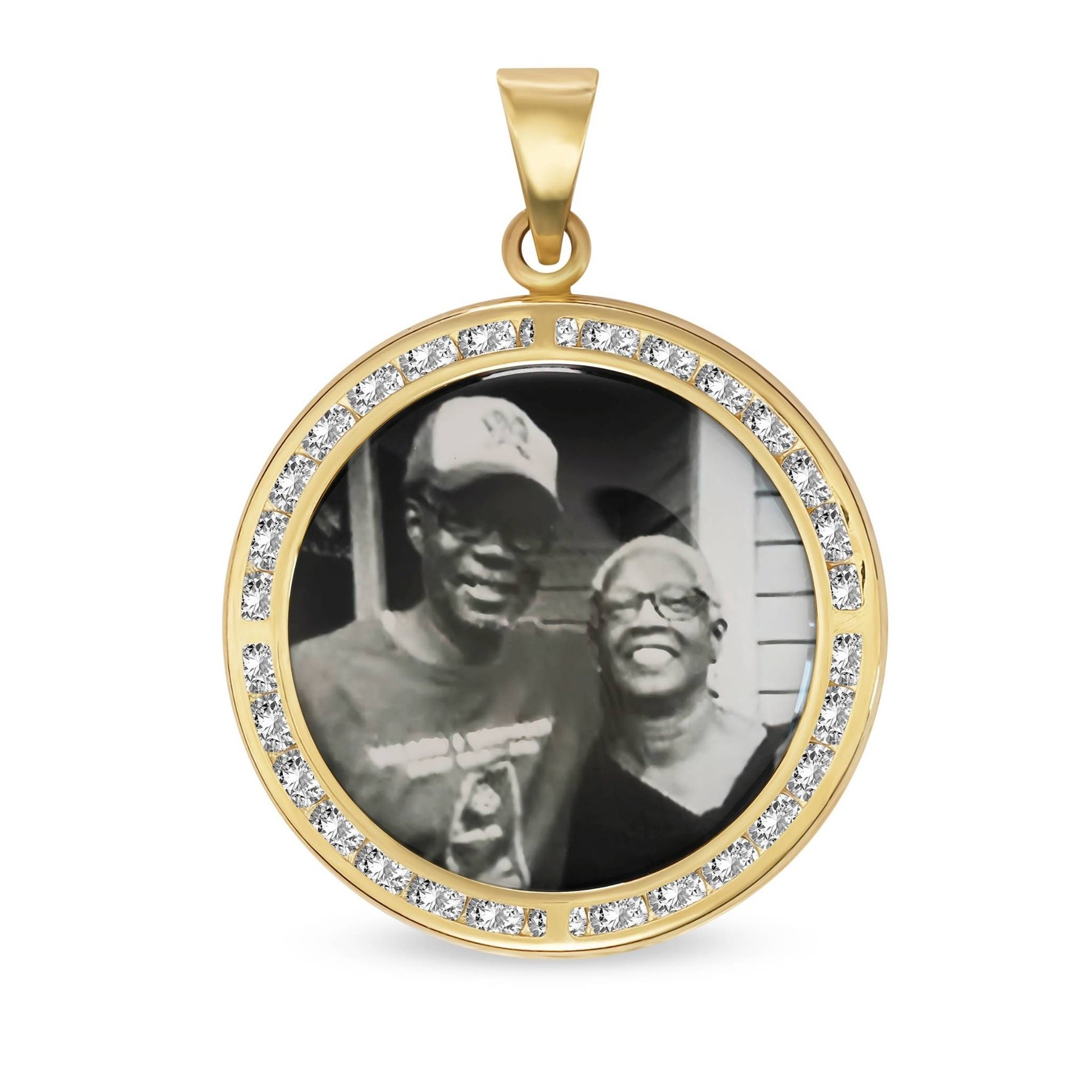 Gold pendant featuring a custom black-and-white memorial photo and cubic zirconia border.