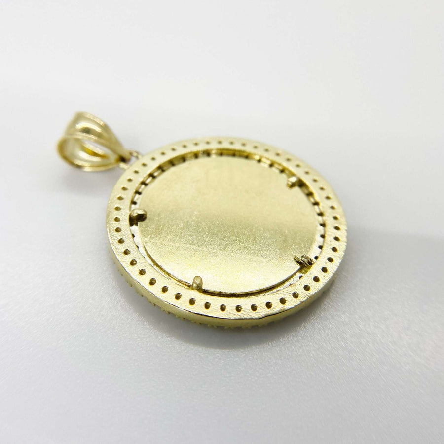 Back side view of 10k solid yellow gold CZ round memory photo pendant charm.