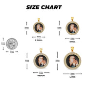 Size chart of four 10k gold round CZ photo pendants beside a quarter.