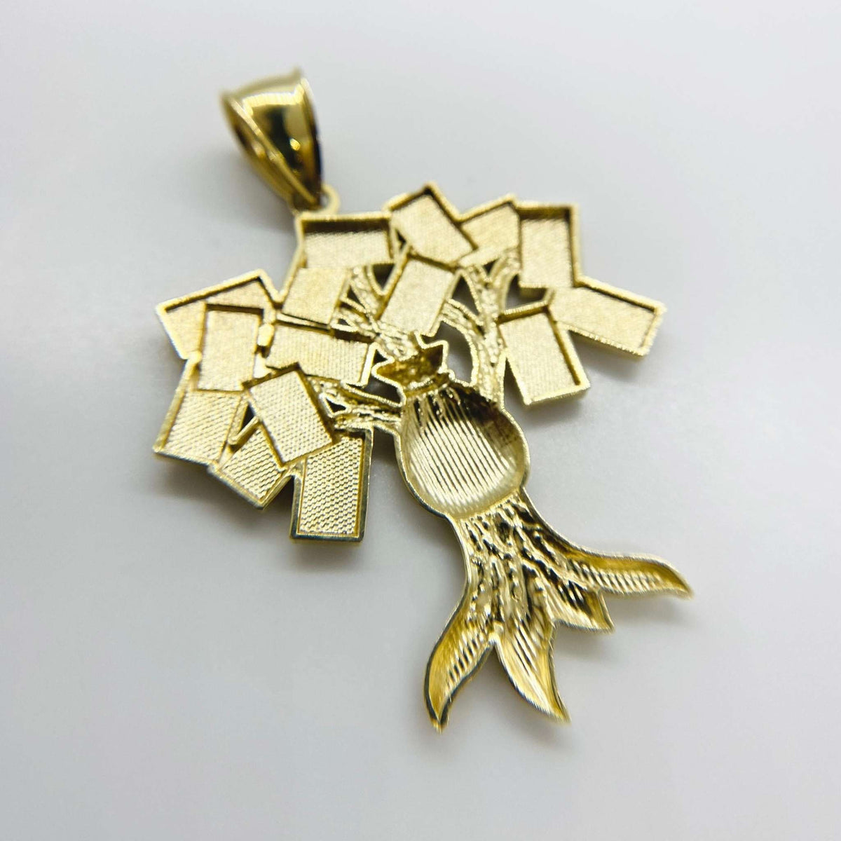 Back view of a 10k yellow gold money bag hundred dollar tree pendant showing hollow design.