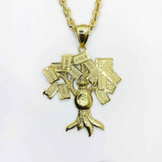 10k yellow gold money bag hundred dollar tree pendant charm on a rope chain.