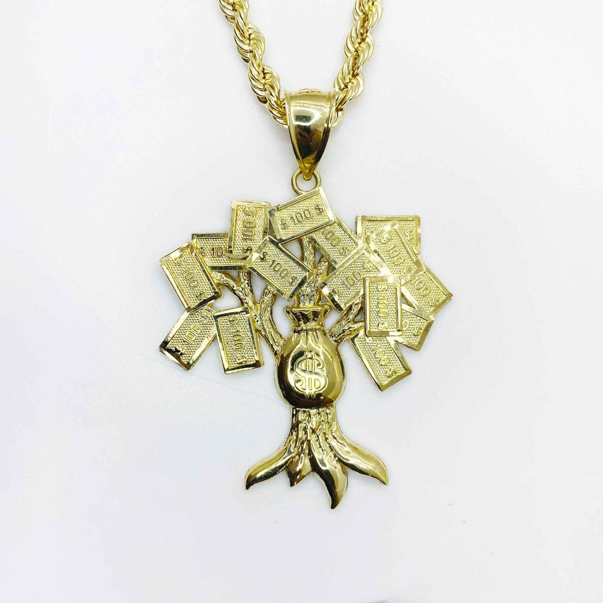 10k yellow gold money bag hundred dollar tree pendant charm on a rope chain.