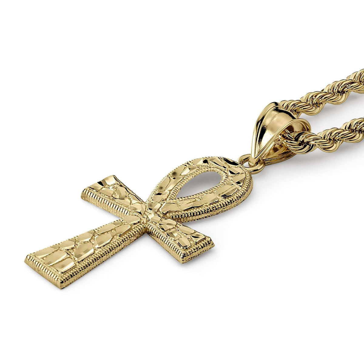 Horizontal angled view of 10k gold nugget Ankh Celtic cross pendant necklace.