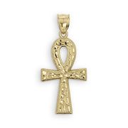 Front view of 10k gold nugget Ankh Celtic cross pendant on white background.
