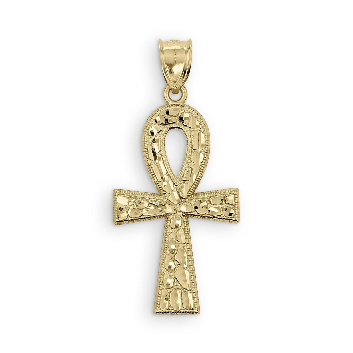 Front view of 10k gold nugget Ankh Celtic cross pendant on white background.