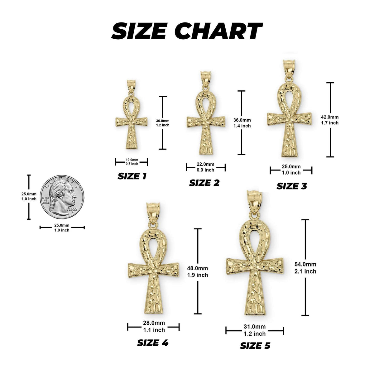 Size chart for 10k gold nugget Ankh Celtic cross pendant compared to a US quarter.