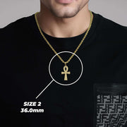 Model wearing Size 2 10k gold nugget Ankh Celtic cross pendant necklace.