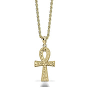 10k yellow gold nugget texture Ankh cross pendant attached to rope chain.