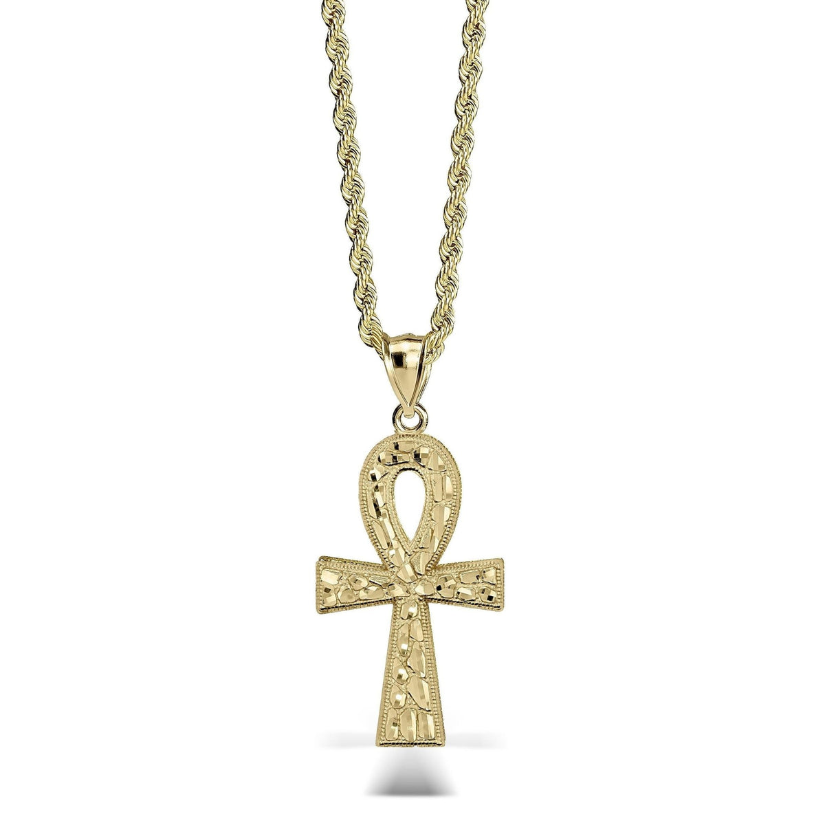 10k yellow gold nugget texture Ankh cross pendant attached to rope chain.