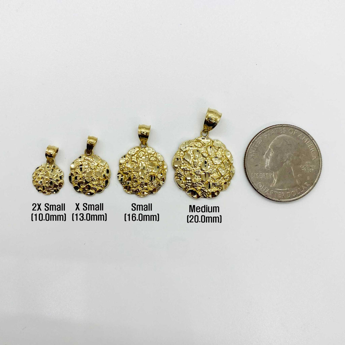 Size chart showing four gold nugget pendants compared to US quarter.