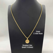 10k gold round nugget pendant necklace shown on display mannequin with size callouts.