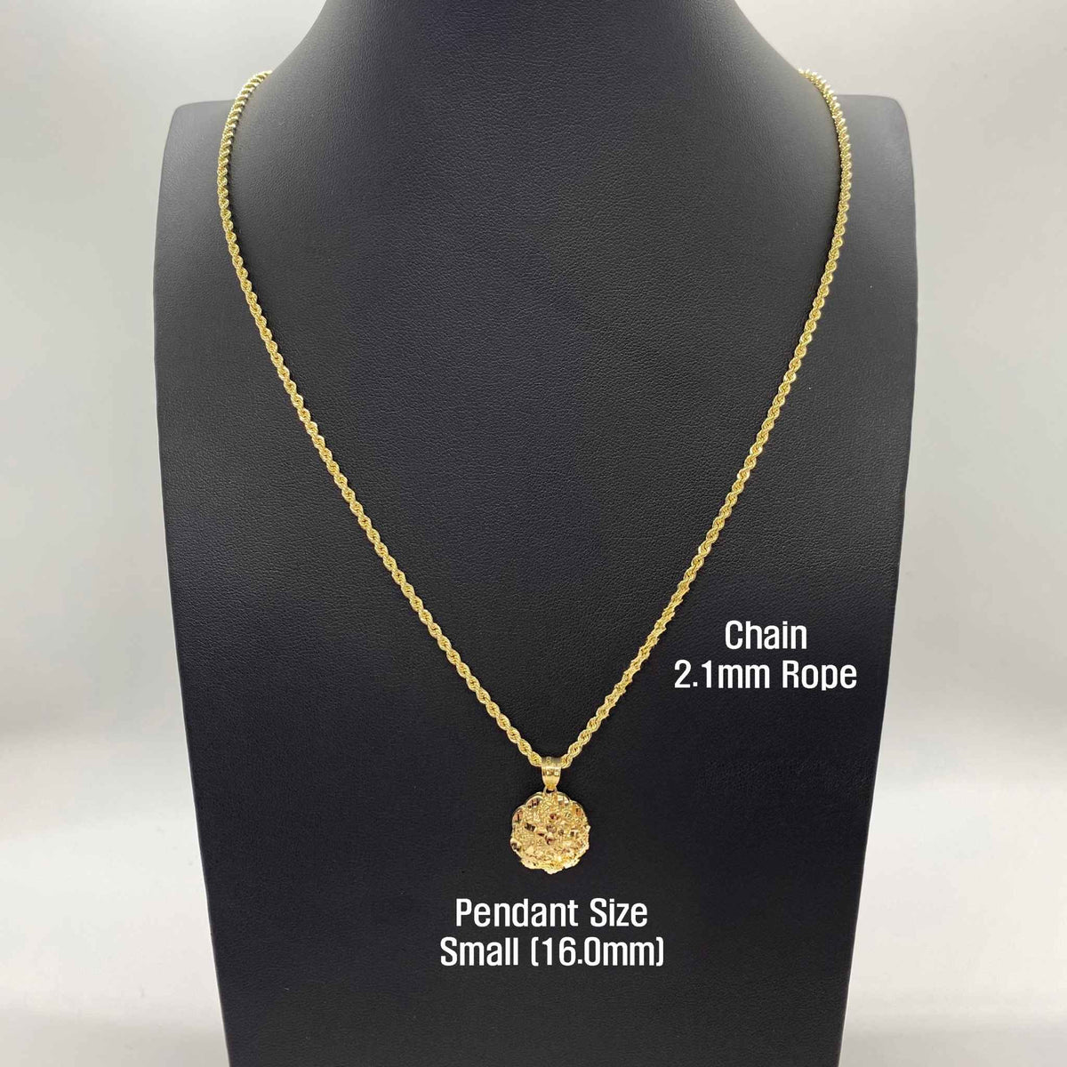 10k gold round nugget pendant necklace shown on display mannequin with size callouts.
