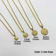 10k gold round nugget pendant featured on display bust with size specs.