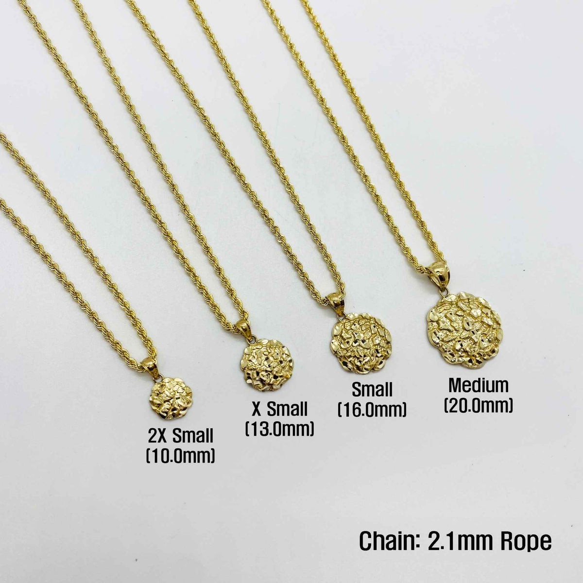 10k gold round nugget pendant featured on display bust with size specs.