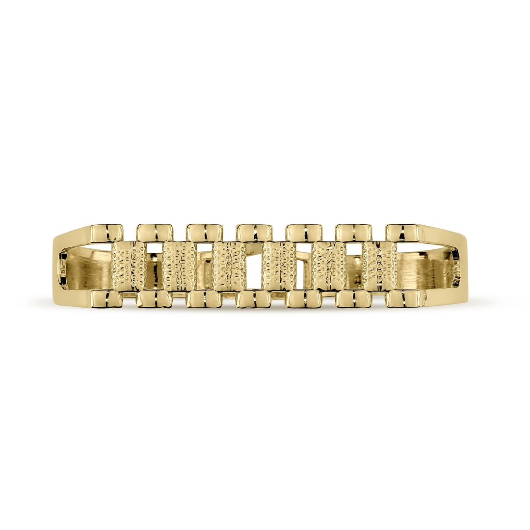 Close-up front view of a gold double-finger ring featuring textured watch link patterns.
