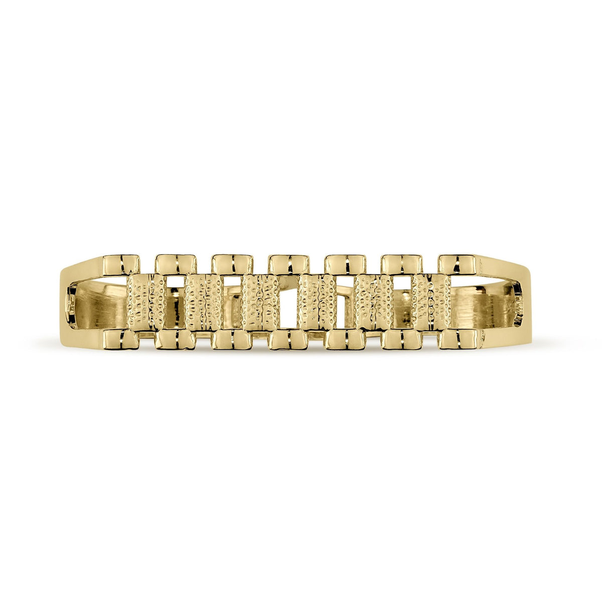 Close-up front view of a gold double-finger ring featuring textured watch link patterns.