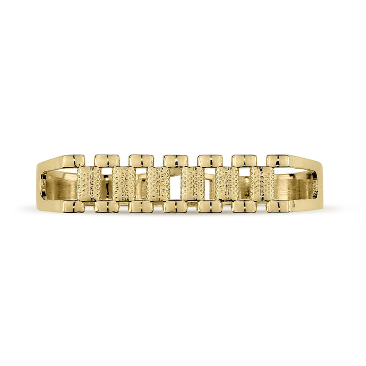 Close-up front view of a gold double-finger ring featuring textured watch link patterns.
