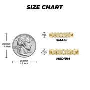 Visual size chart of small and medium gold rollie style rings next to a US quarter.