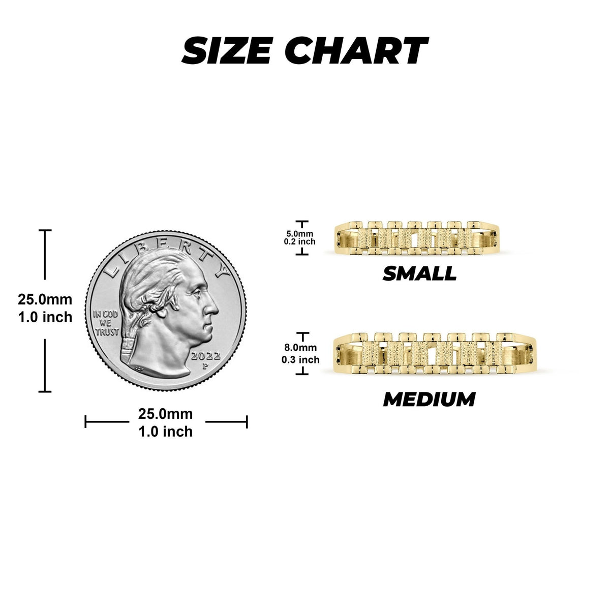 Visual size chart of small and medium gold rollie style rings next to a US quarter.