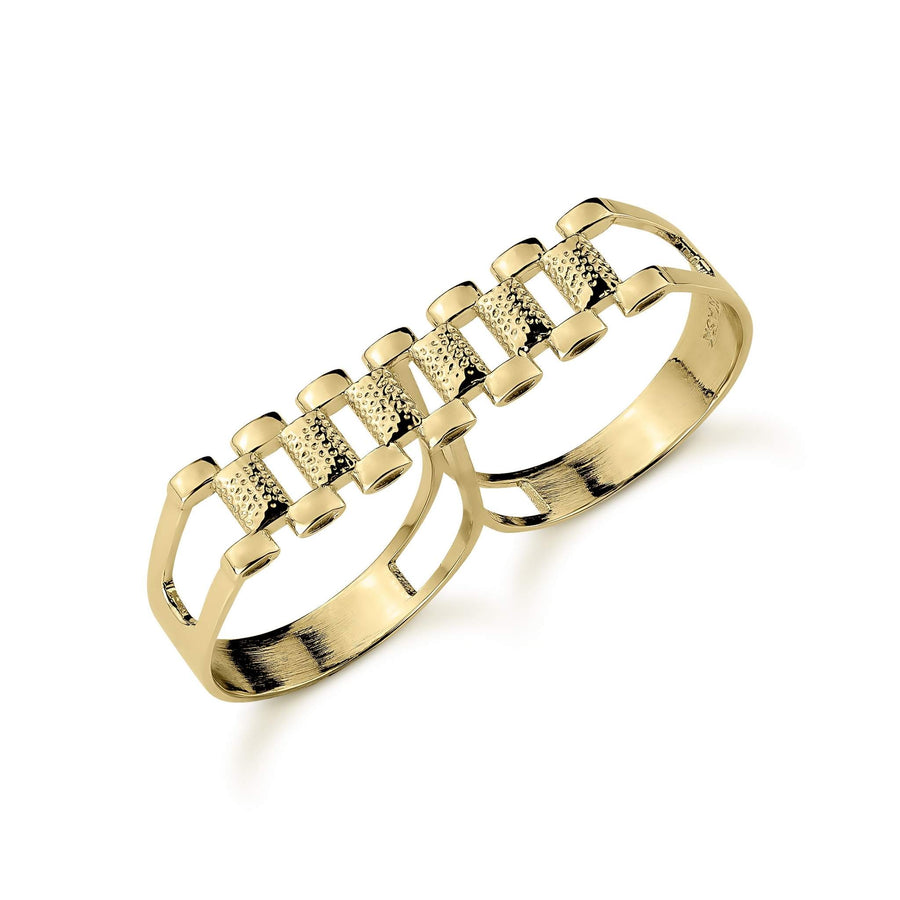 10k gold pattern rollie two finger band ring on white background.