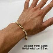 6.5mm width 10k gold pave curb chain bracelet on wrist with measurement overlay text.